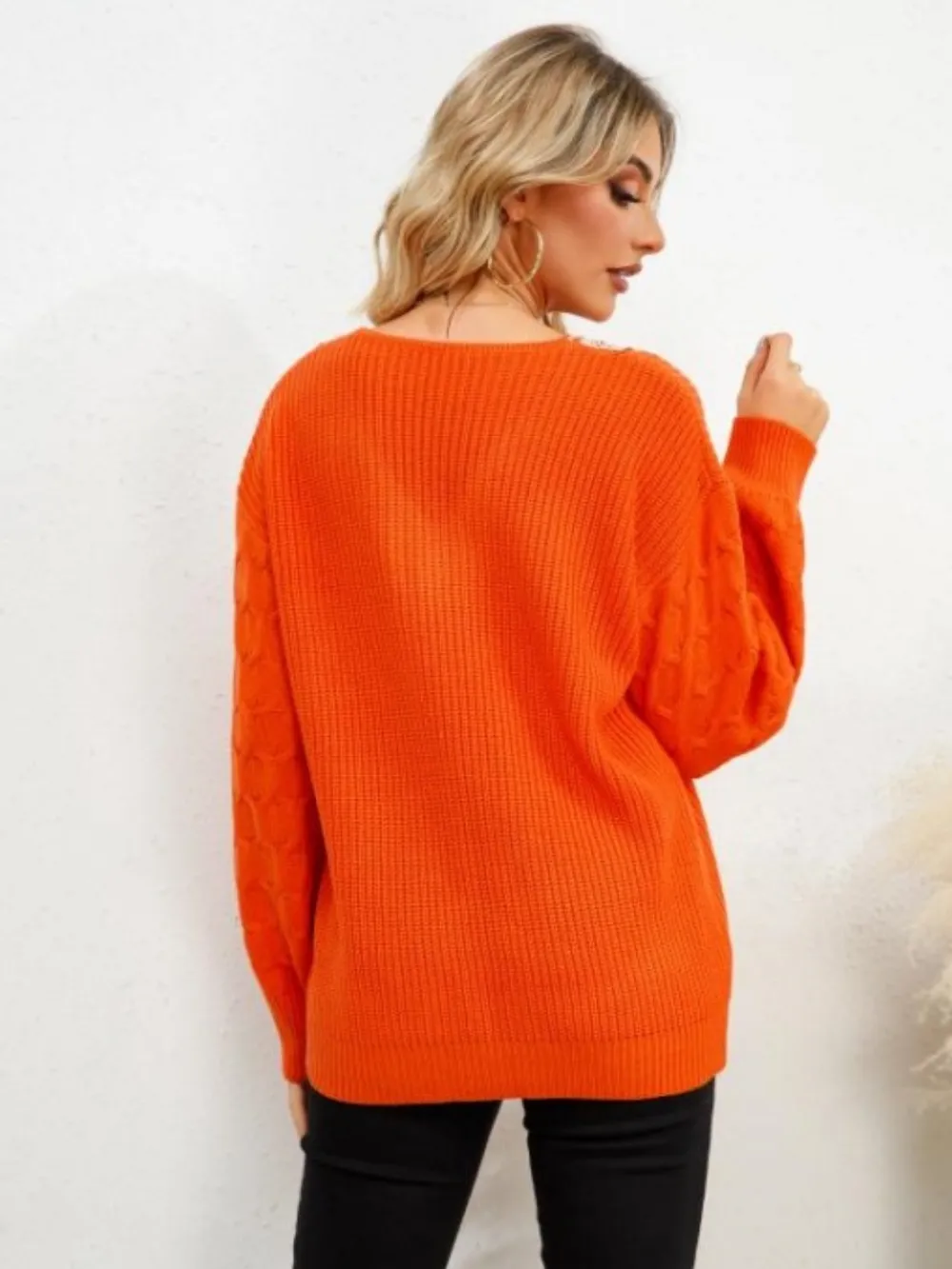 V-Neck Dropped Shoulder Long Sleeve Sweater, image 2
