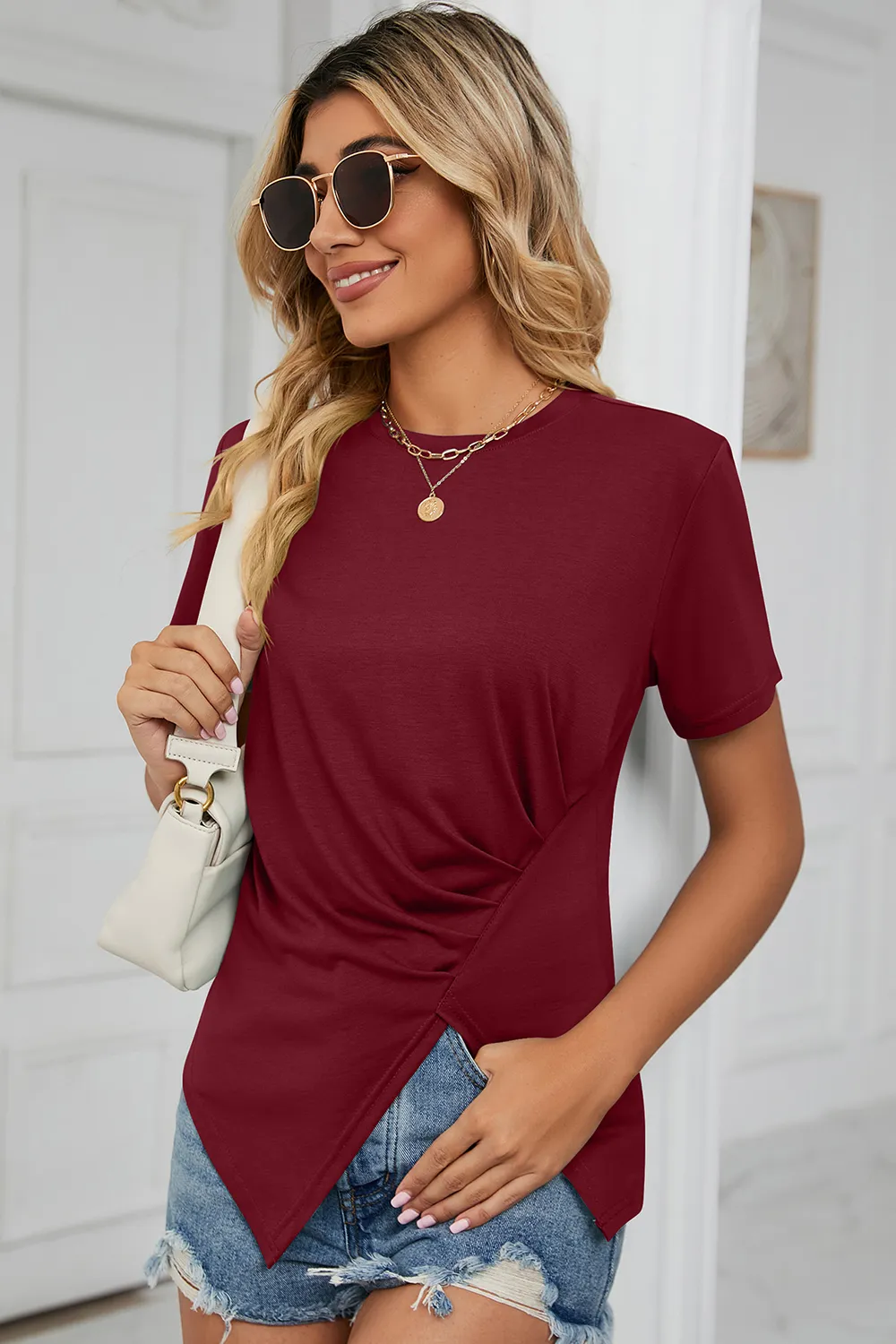 Ruched Round Neck Short Sleeve T-Shirt, image 12