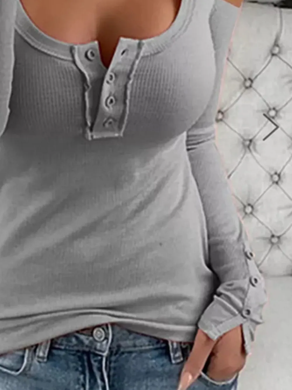 Cold Shoulder Ribbed Henley T-Shirt with Button Detail, image 12
