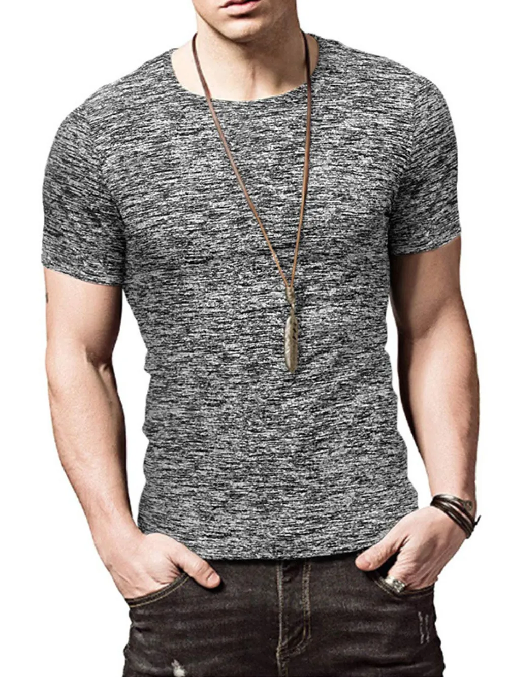 Men's Heathered Casual Round Neck T-Shirt, image 2