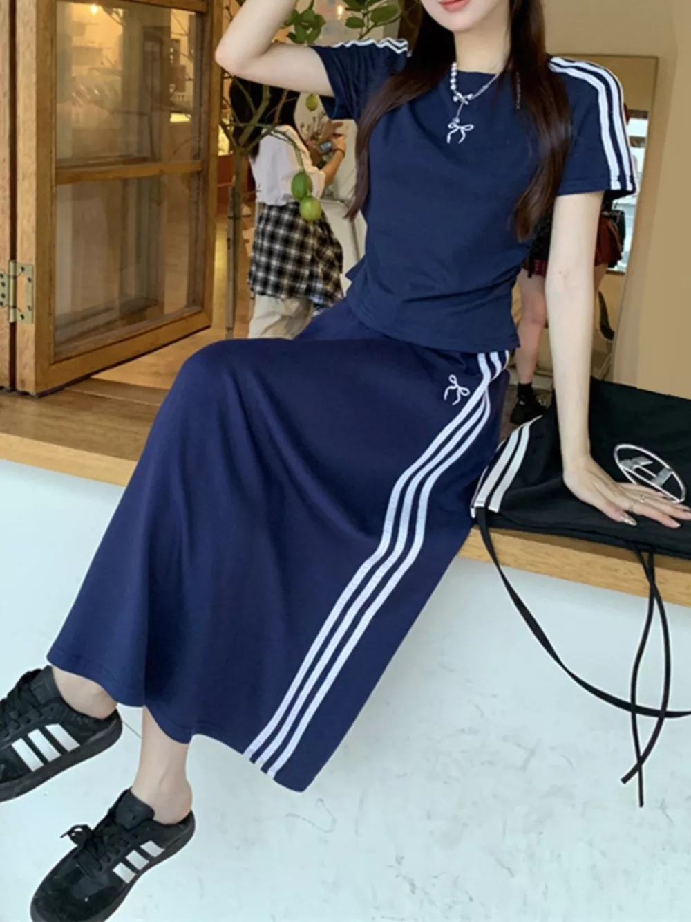 Striped Round Neck Tee and Skirt Set, image 2