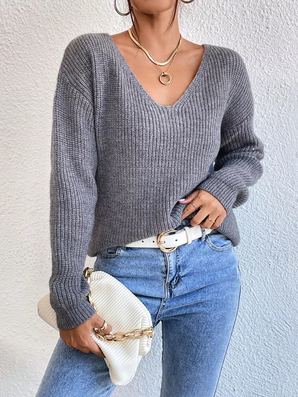 Lace-Trimmed Back V-Neck Sweater, image 3
