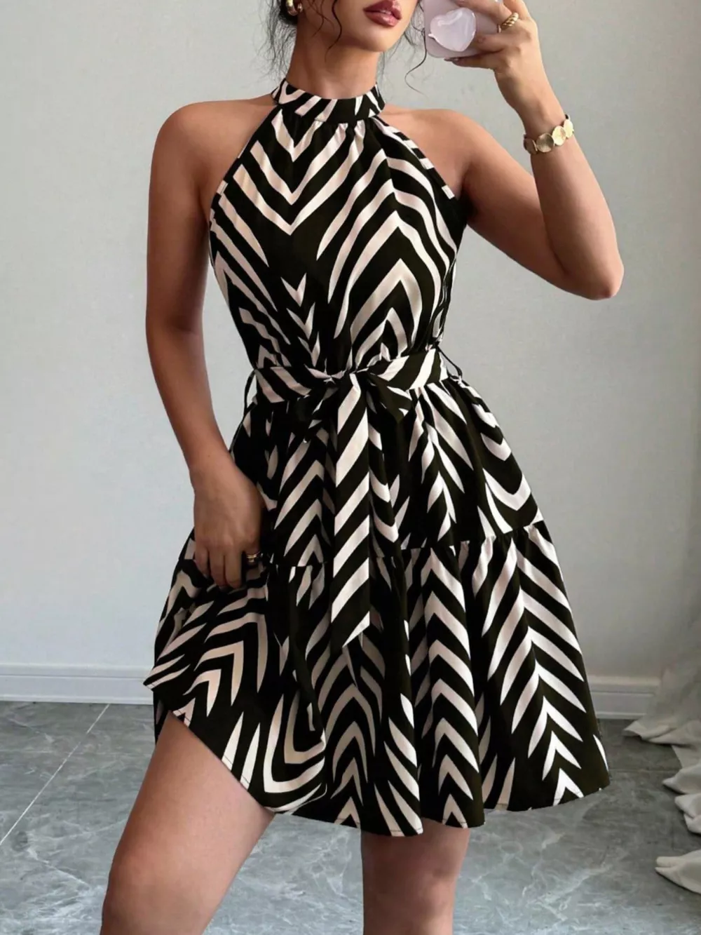 Zebra Print Halter Neck Tie Waist Ruffle Hem Dress, image 3