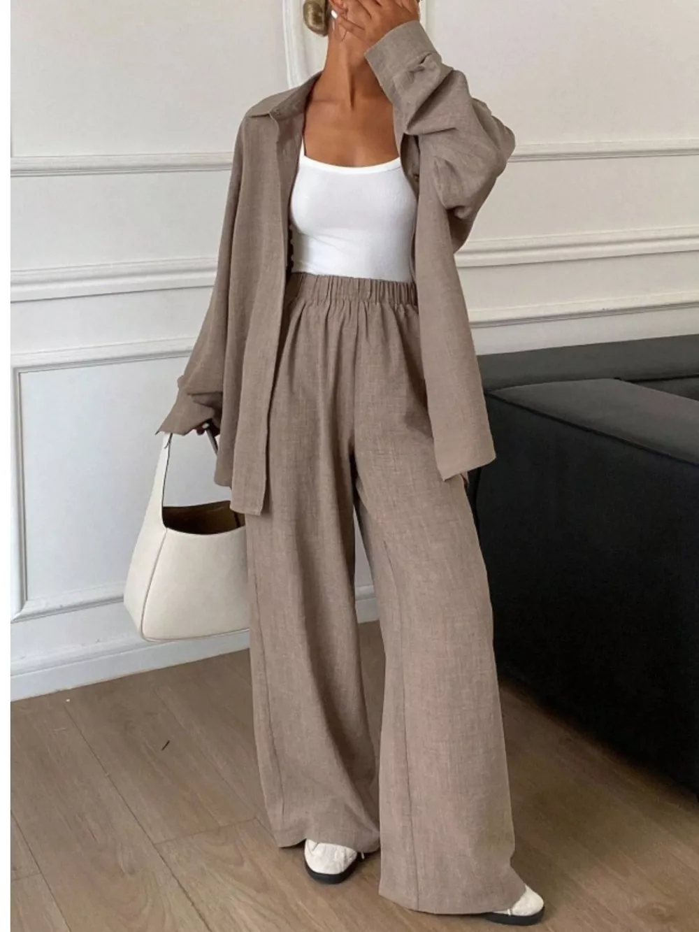 Button Up Long Sleeve Shirt and Wide Leg Pants Set, image 14