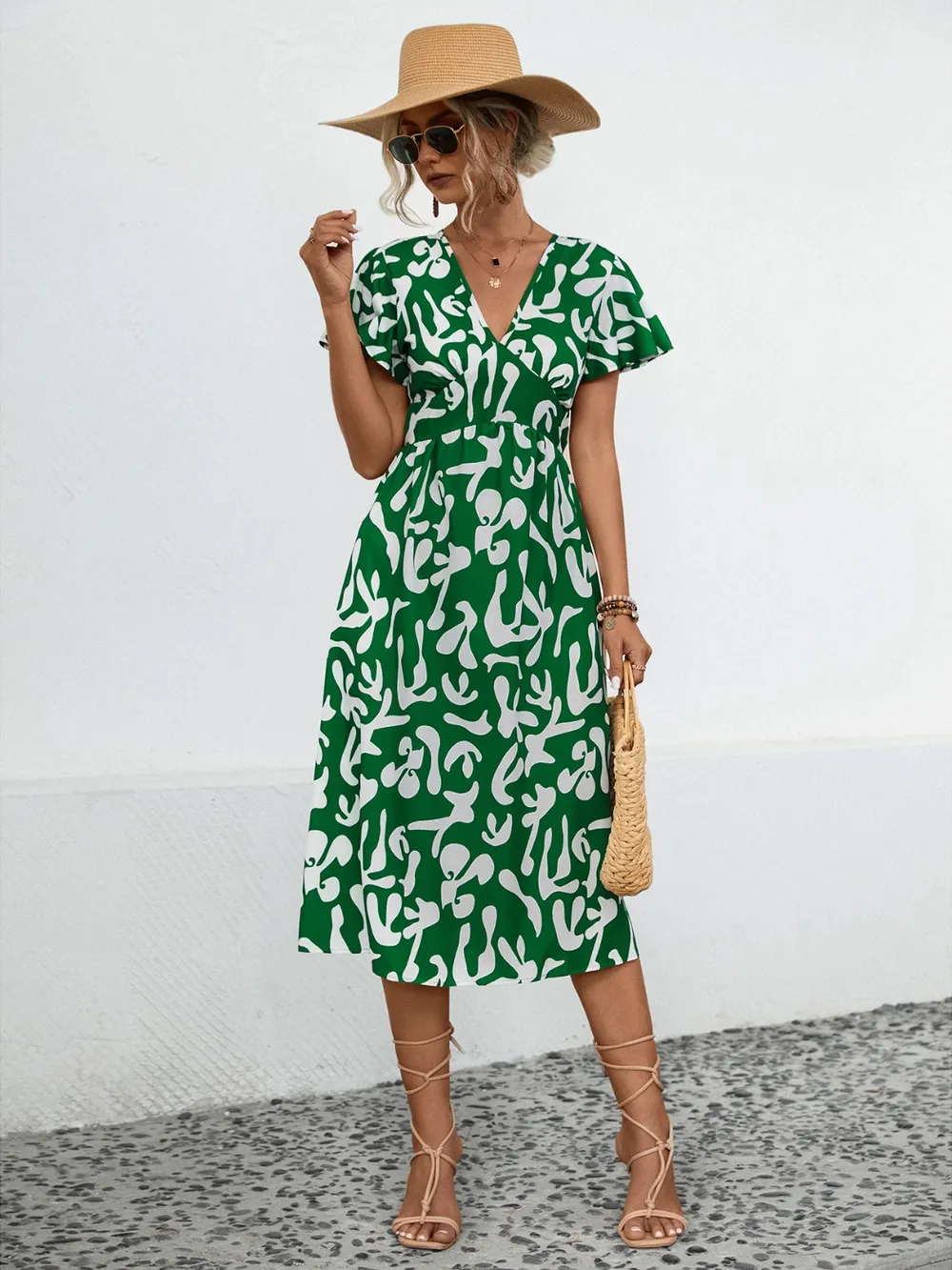 Printed V-Neck Short Sleeve Dress, image 9