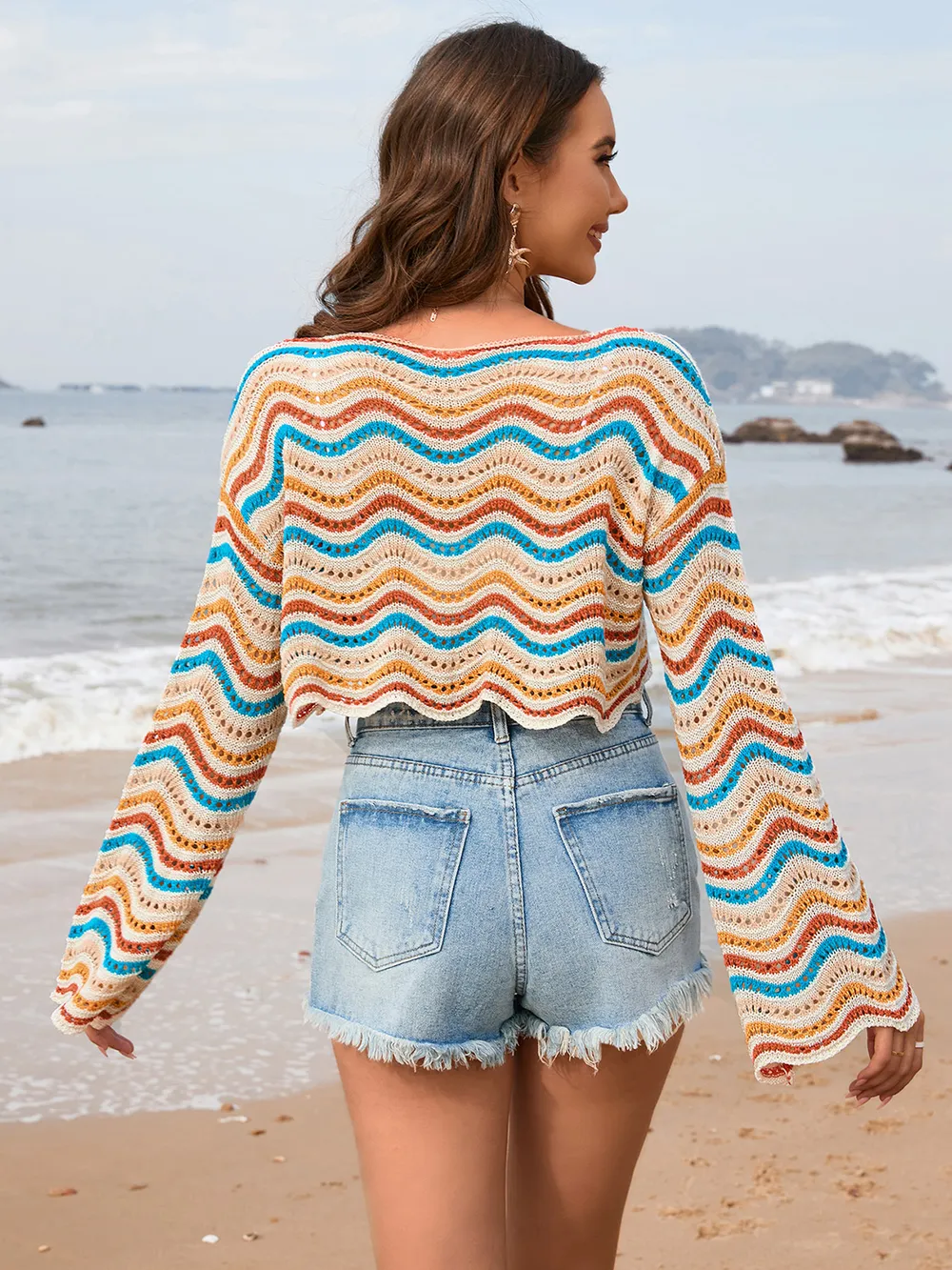 Striped Boat Neck Long Sleeve Cover Up, image 10