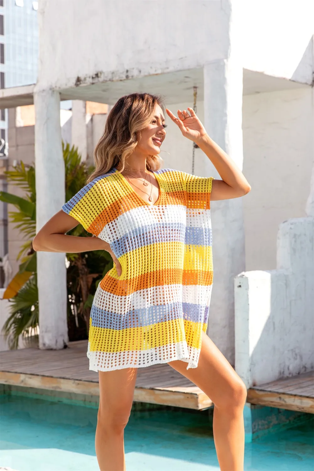 Openwork Striped V-Neck Short Sleeve Cover Up, image 15