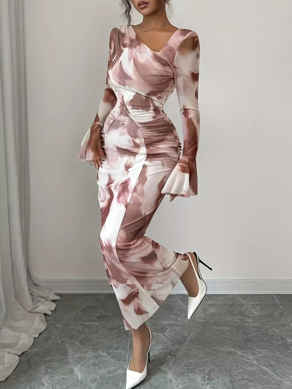 Asymmetrical Neck Long Sleeve Maxi Dress
