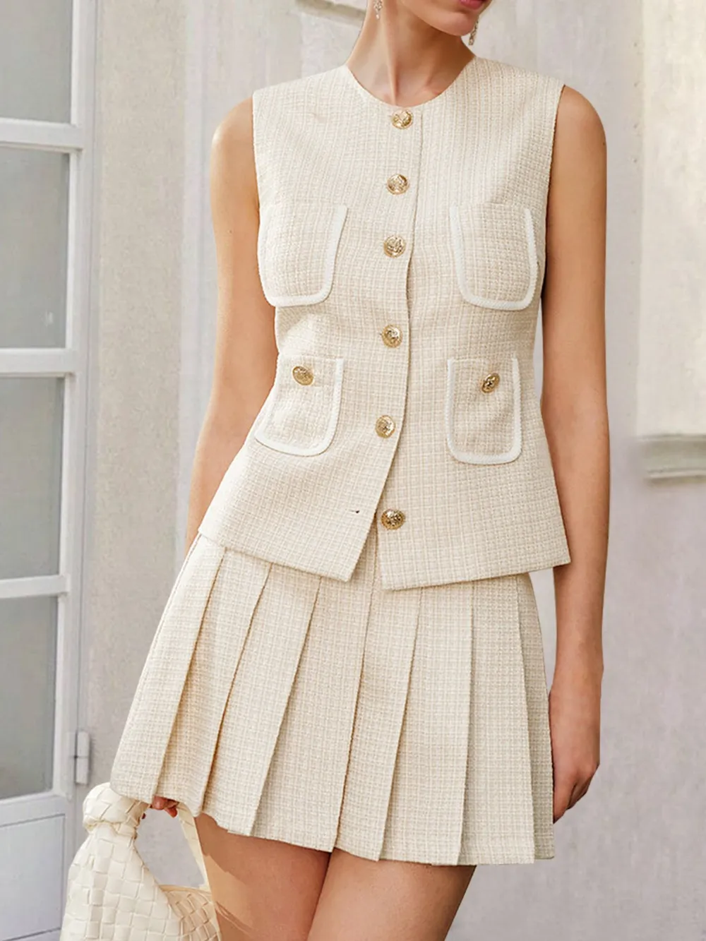 Tweed Button-Front Vest and Pleated Skirt Set, image 3