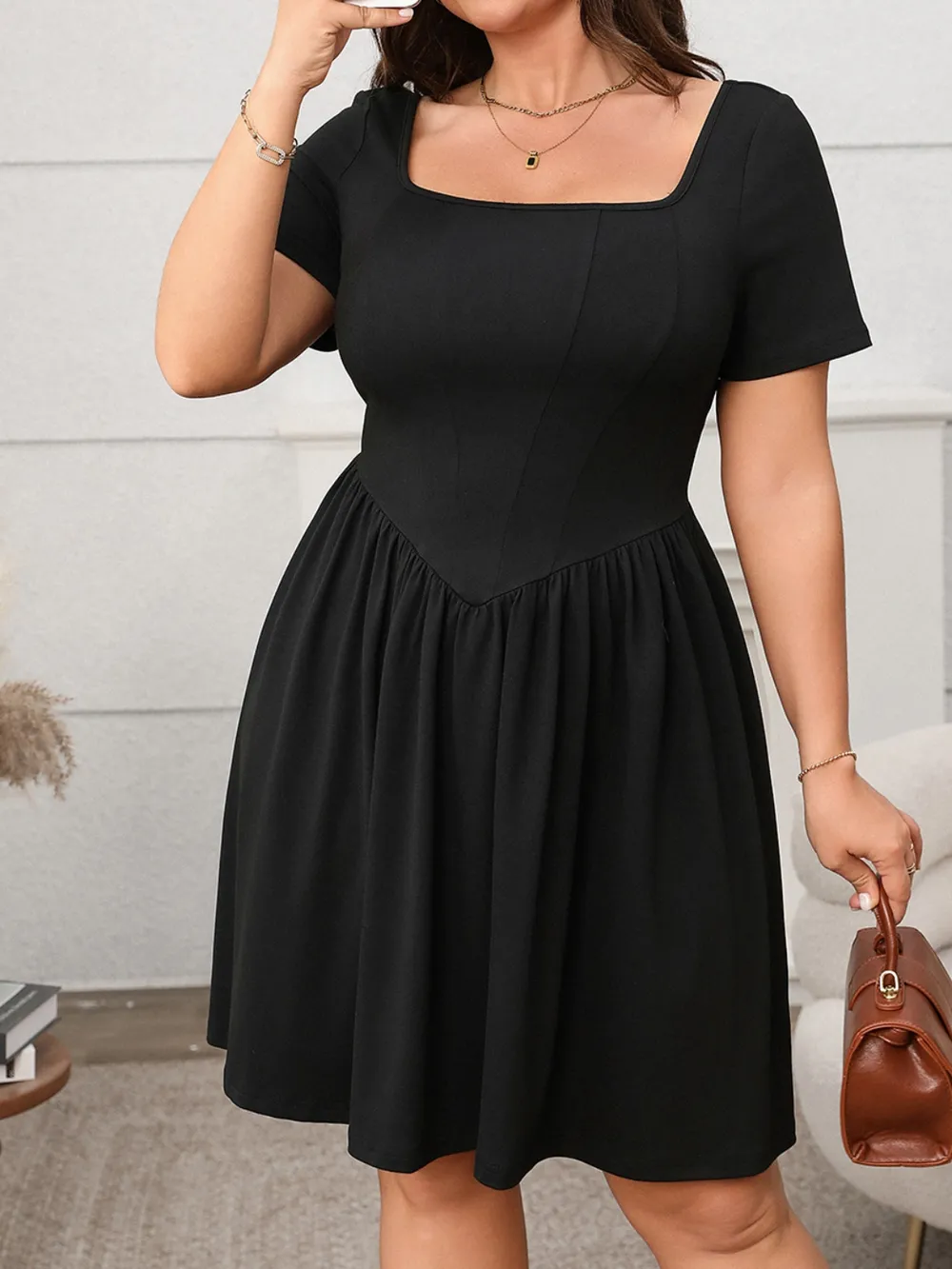 Plus Size Square Neck Short Sleeve Mini Dress, image 13