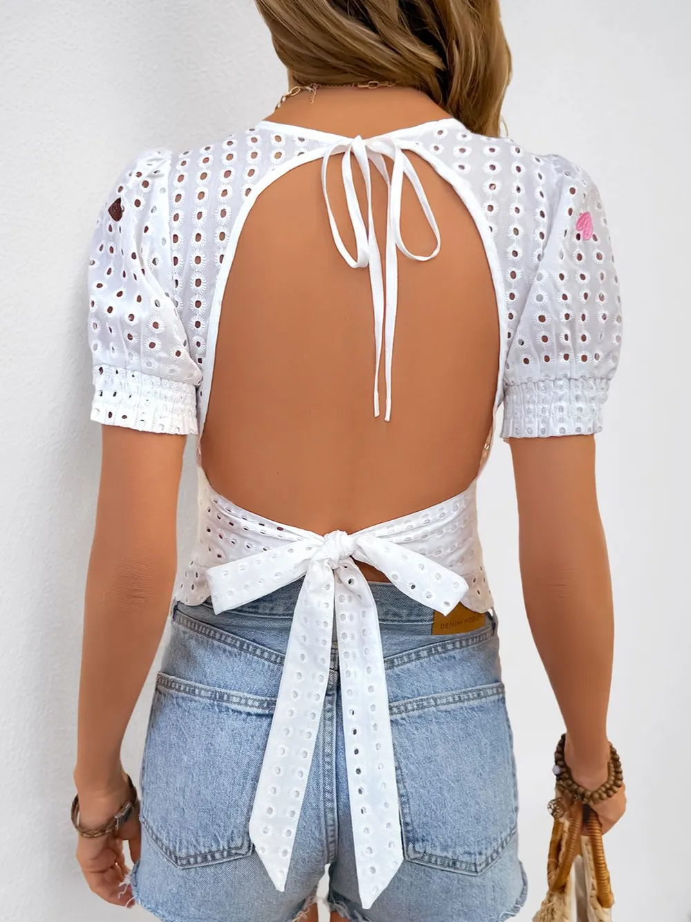 Eyelet Heart Square Neck Short Sleeve Blouse, image 9