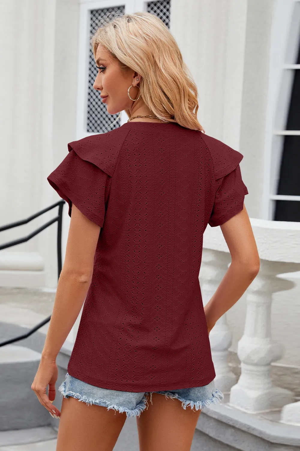 Eyelet Notched Short Sleeve T-Shirt, image 13