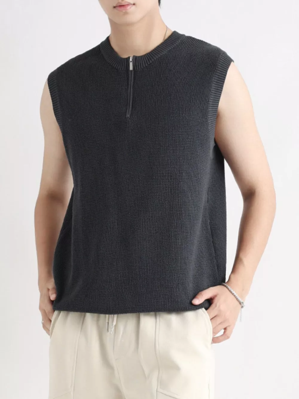 Men's Plus Size Knitted Zip-Up Tank, image 4