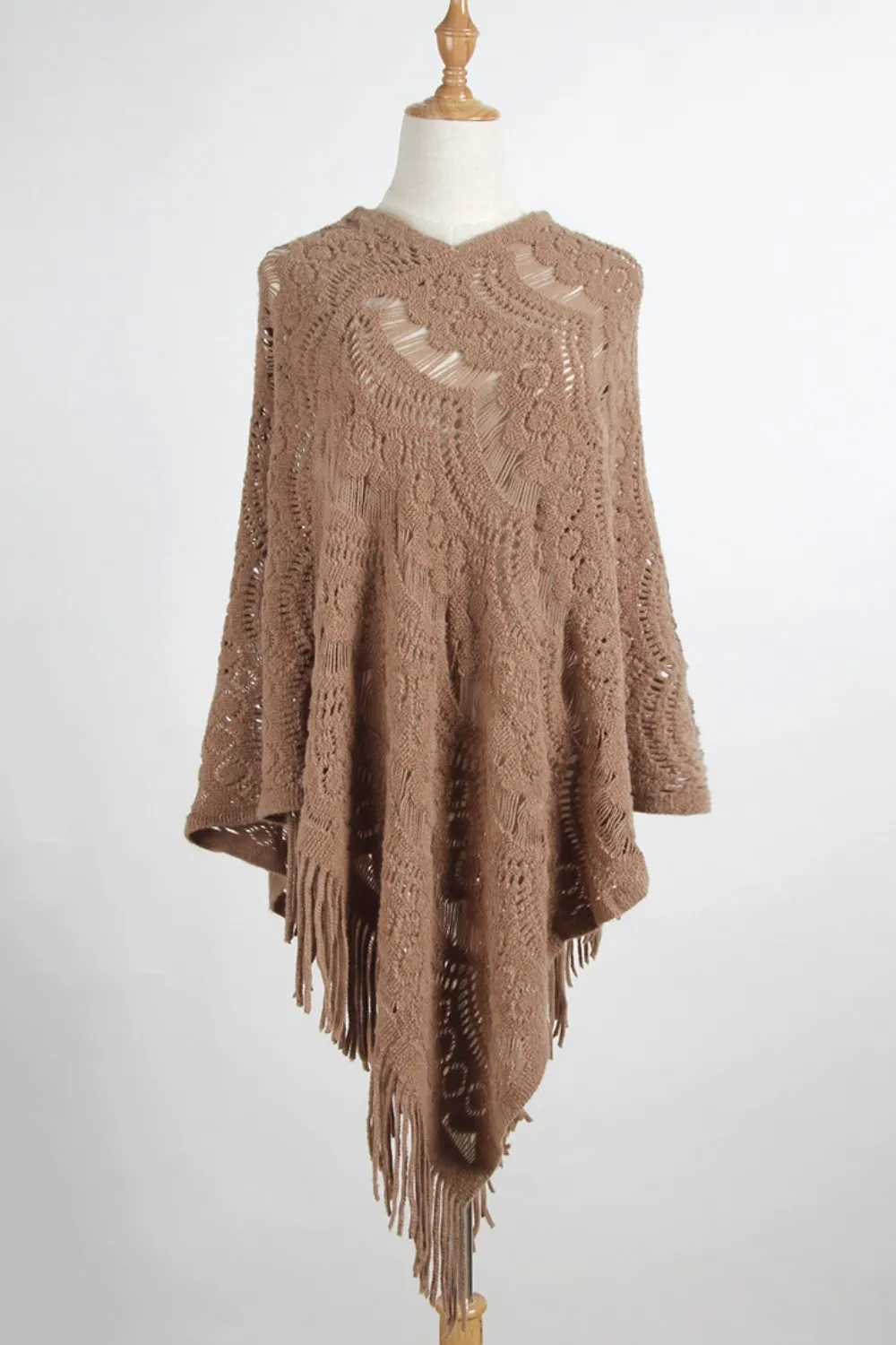 Fringe Openwork Surplice Cape Sleeve Poncho, image 11