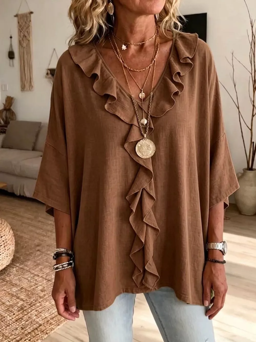 Full Size Ruffle V-Neck 3/4 Sleeve Blouse Plus Size, image 7