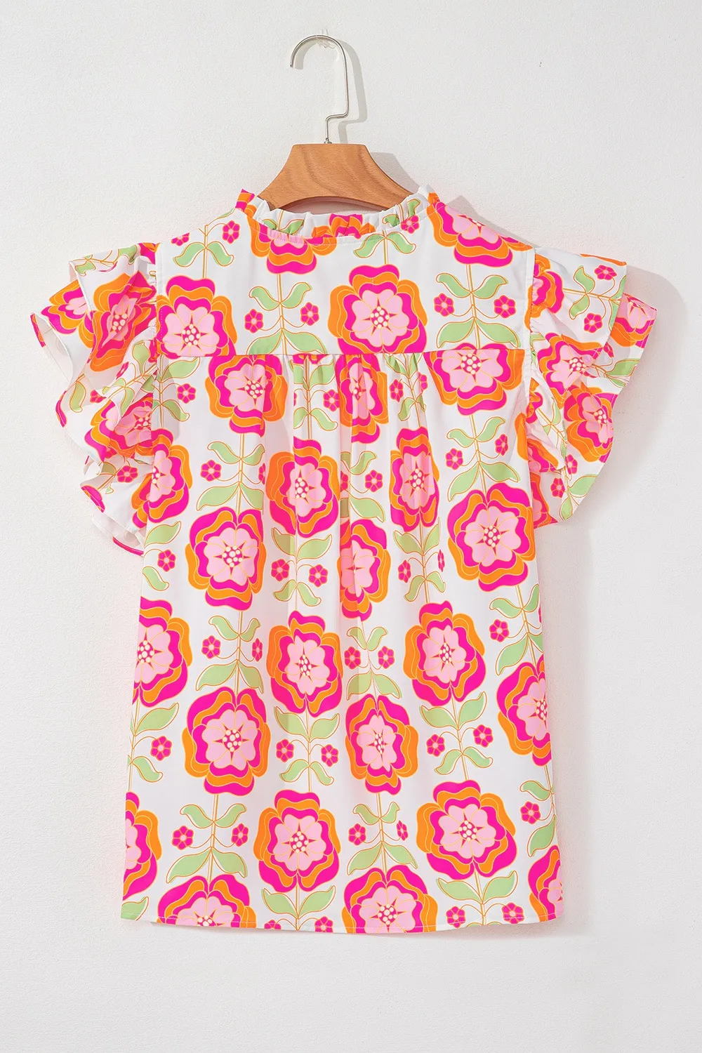 Floral Ruffled Sleeve Ric-Rac Trim Split Neck Loose Blouse, image 12