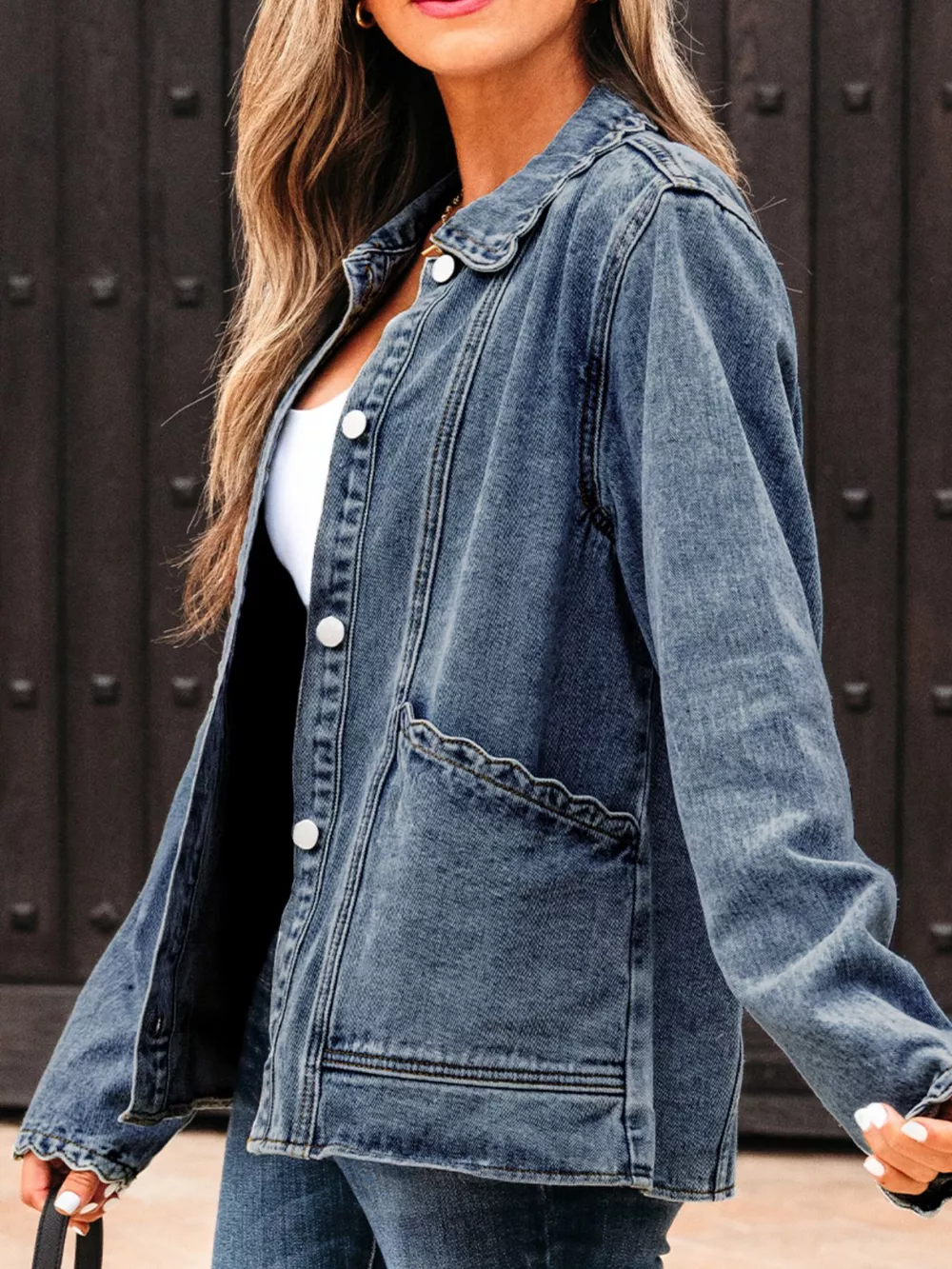 Scallop Trim Collar Patched Pocket Button Up Denim Jacket, image 14