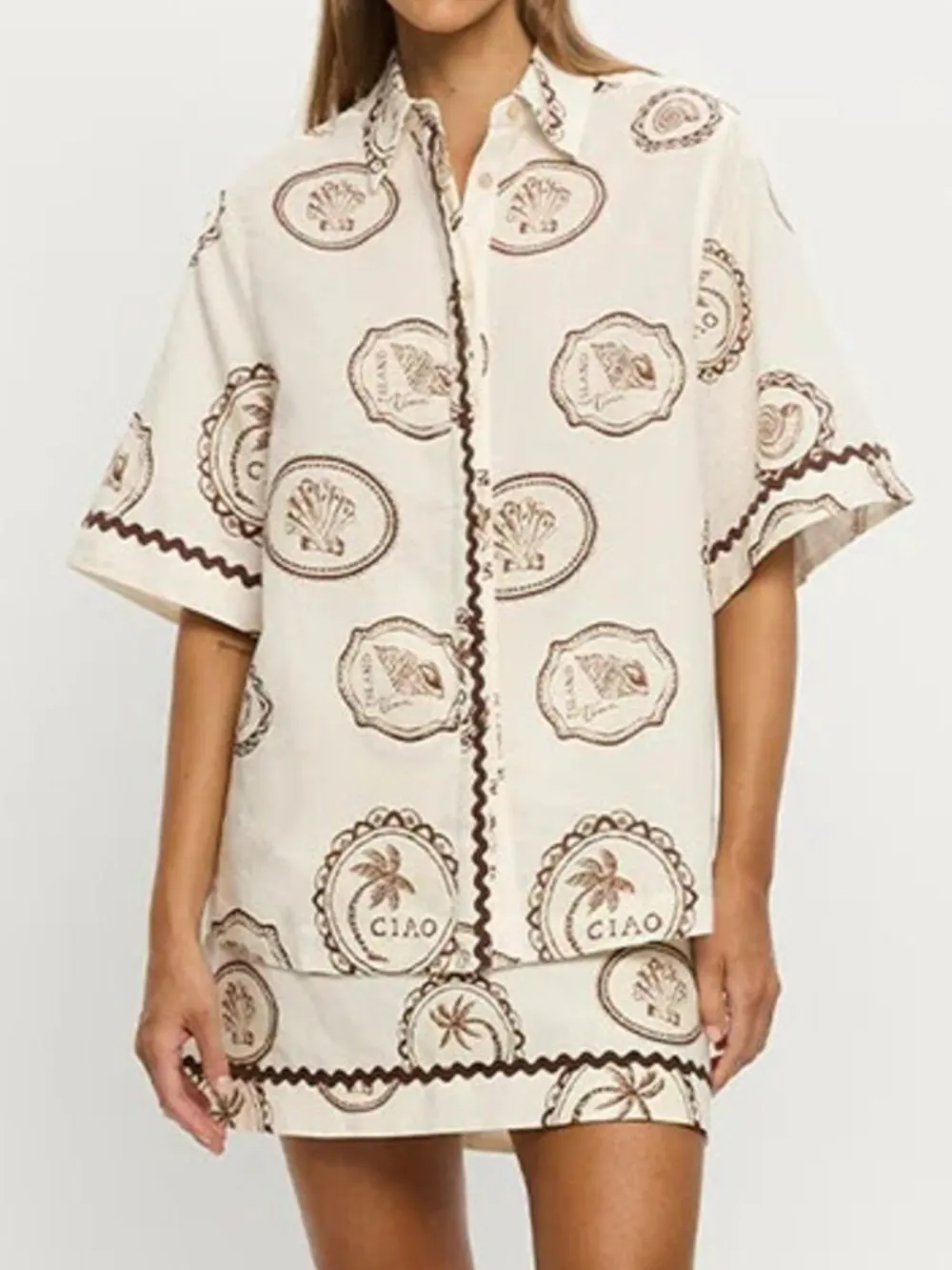 Printed Button Up Shirt and Skirt Set, image 4