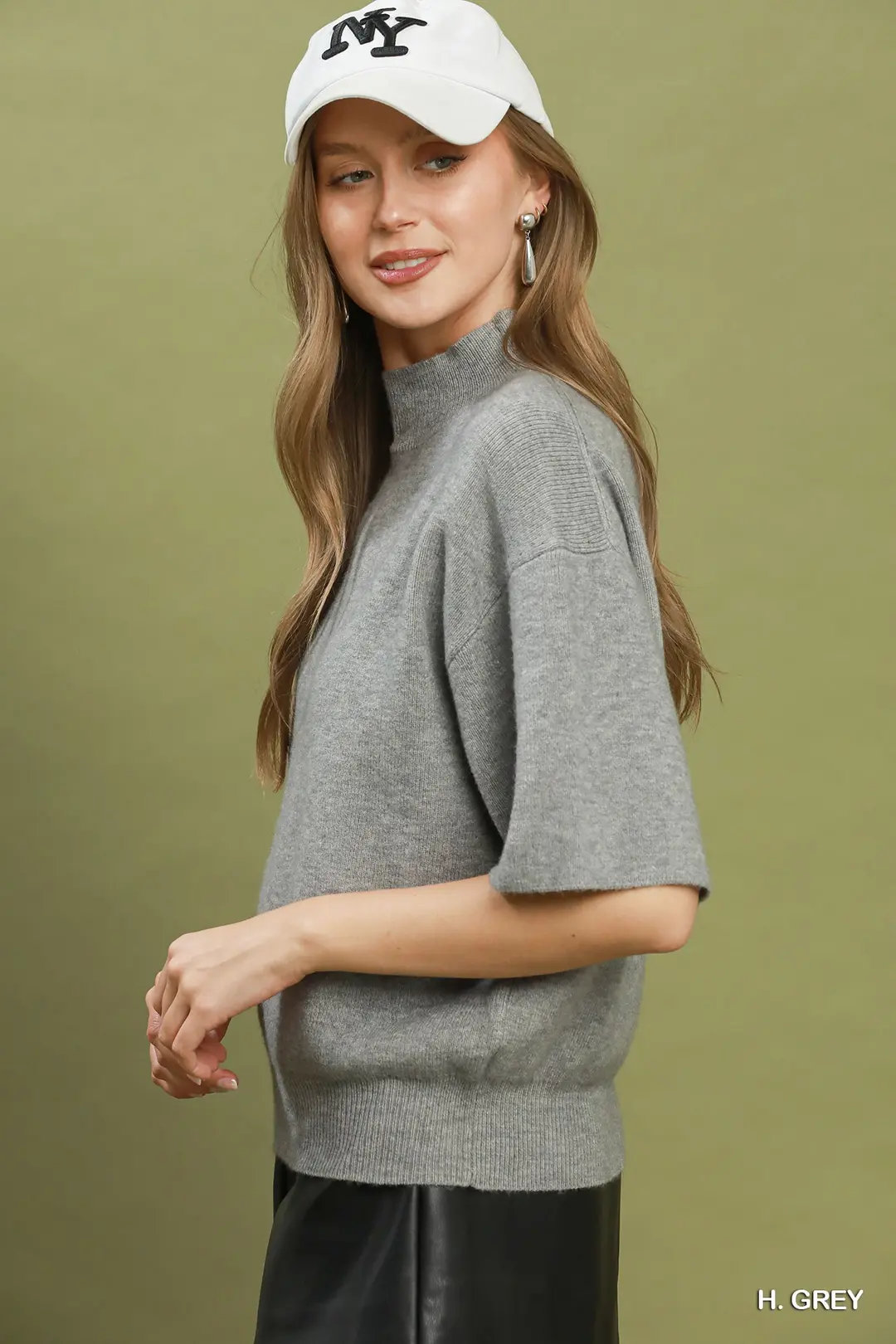 Mock Neck Short Sleeve Knit Sweater Top, image 2