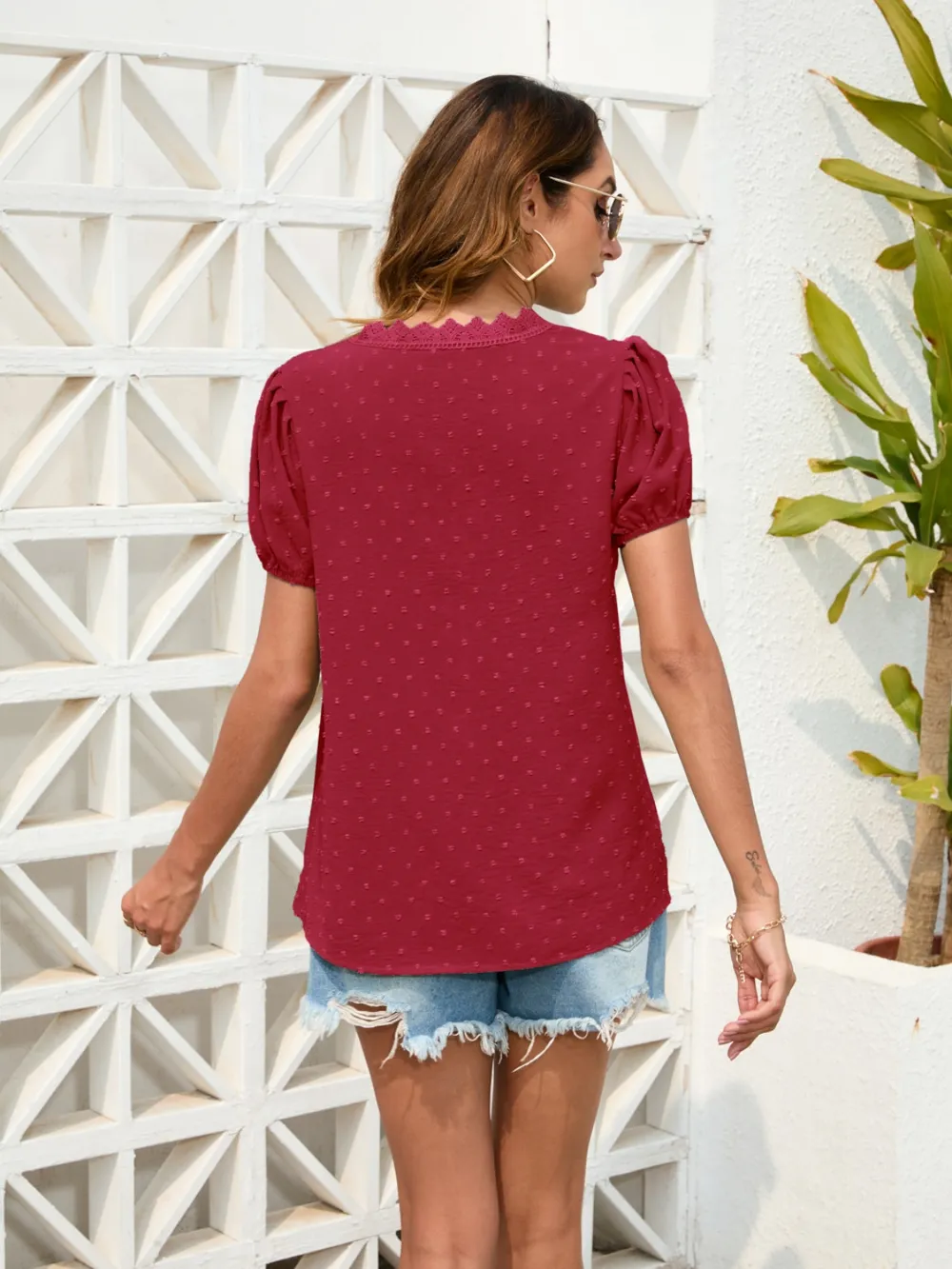 Swiss Dot Lace Detail V-Neck Blouse, image 7