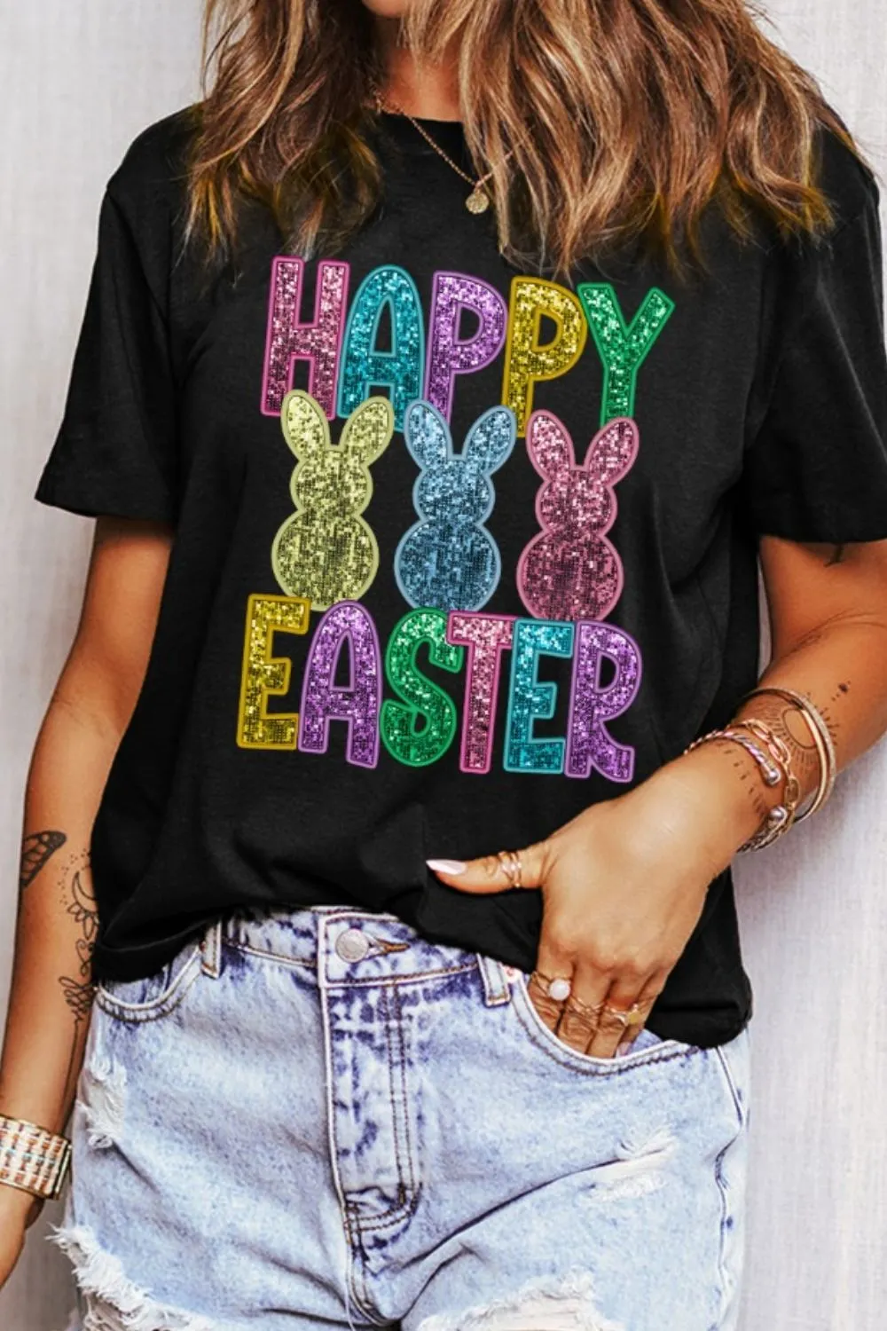 HAPPY EASTER Sequin Bunny Round Neck T-Shirt, image 4