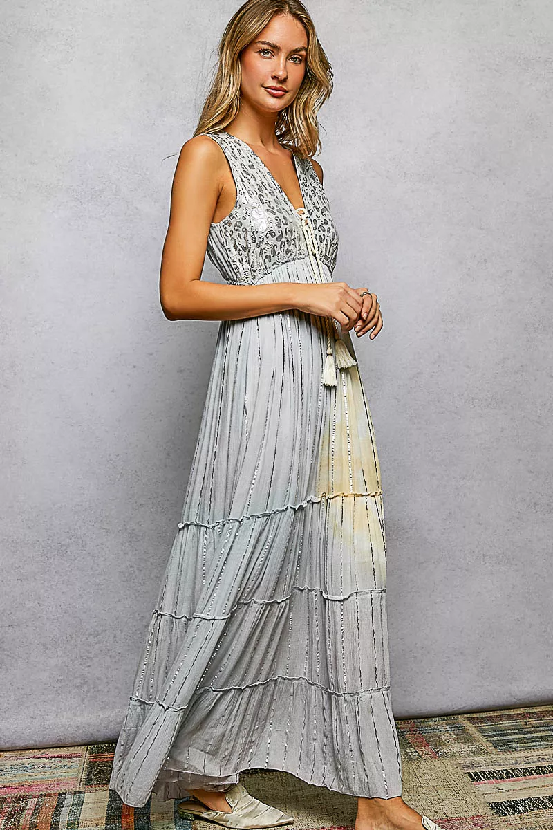 POL Deep V Sleeveless Cotton Bohemian Tiered Maxi Dress, image 4