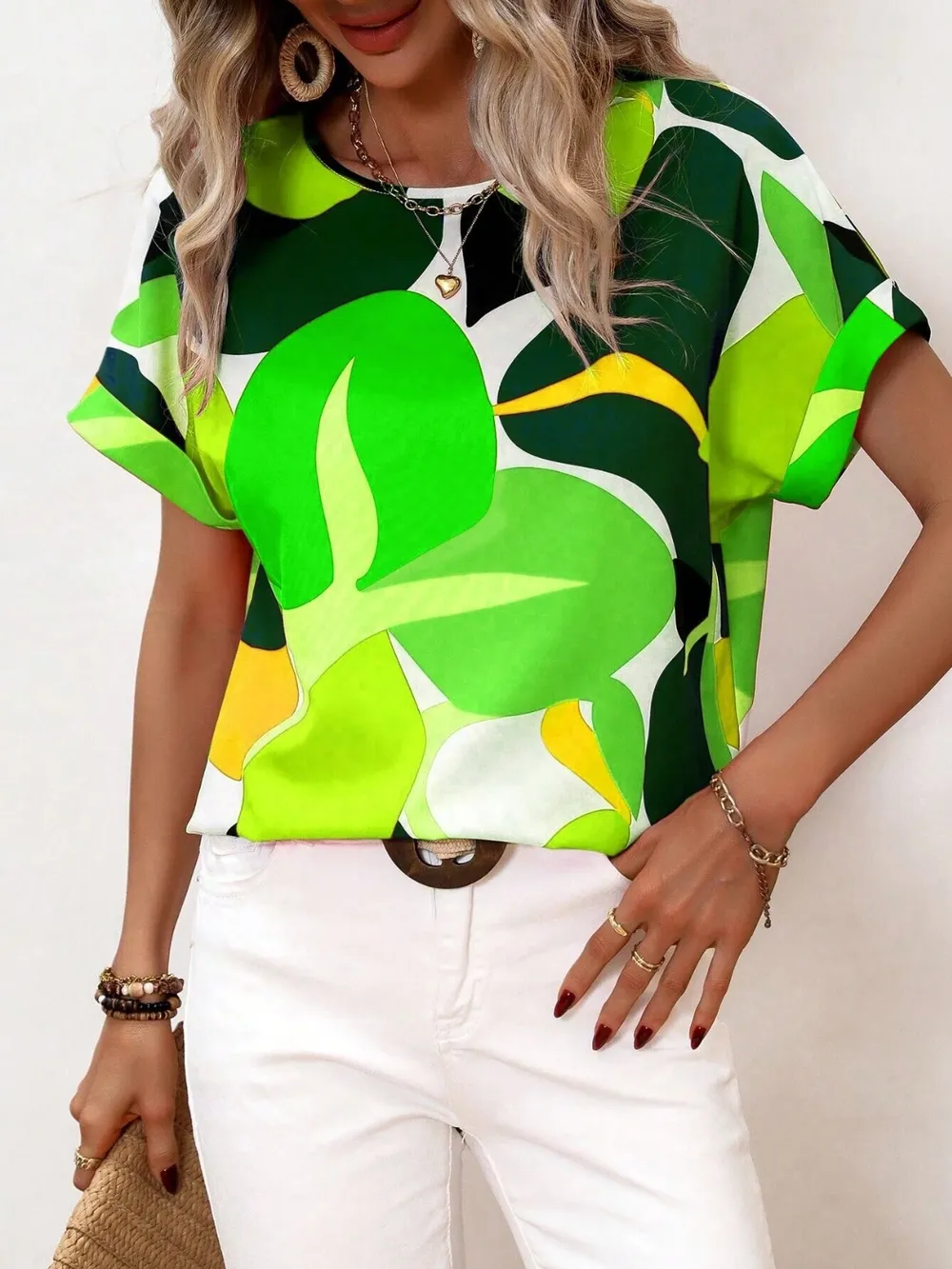 Contrast Round Neck Short Sleeve Blouse, image 9