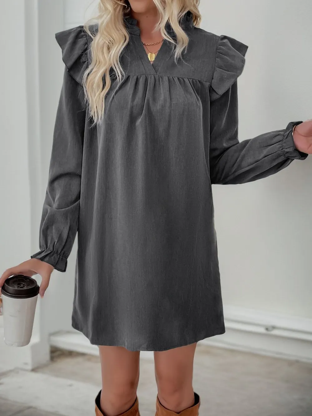 Ruffled Notched Long Sleeve Mini Dress, image 5