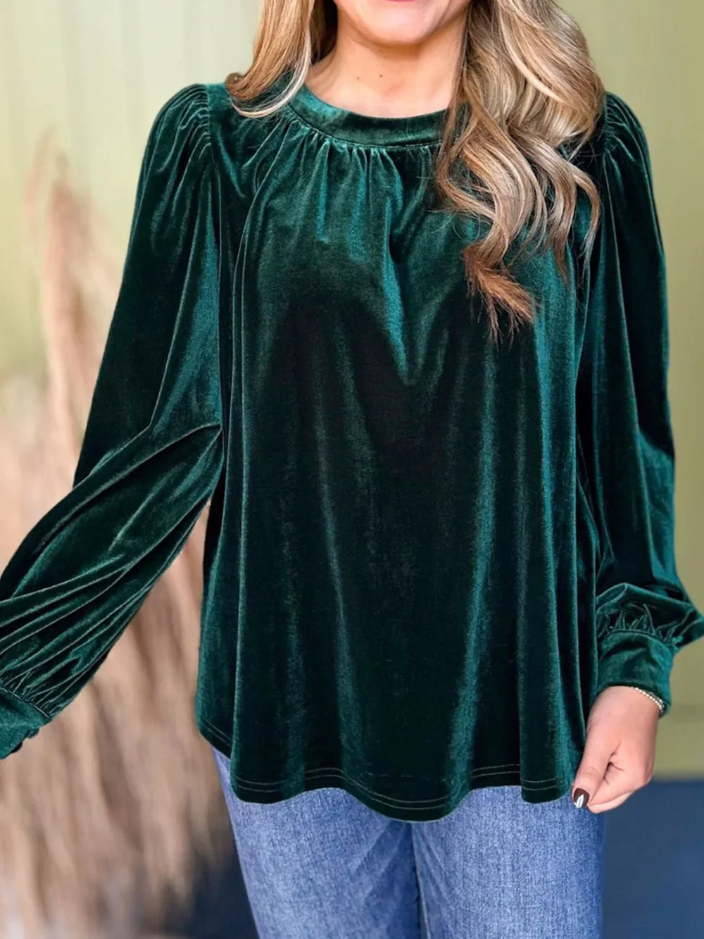 Ruched Round Neck Long Sleeve Blouse, image 2