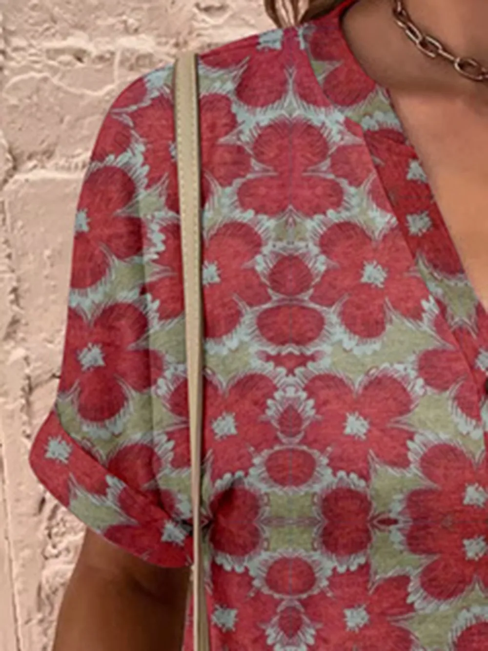 Full Size Printed Notched Short Sleeve Blouse, image 15