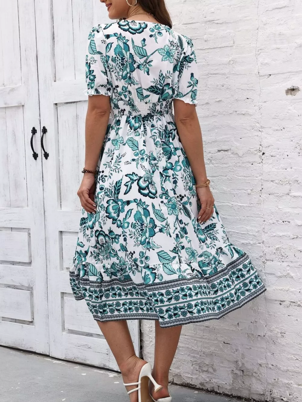 Floral Print Puff Sleeve Wrap Midi Dress, image 14