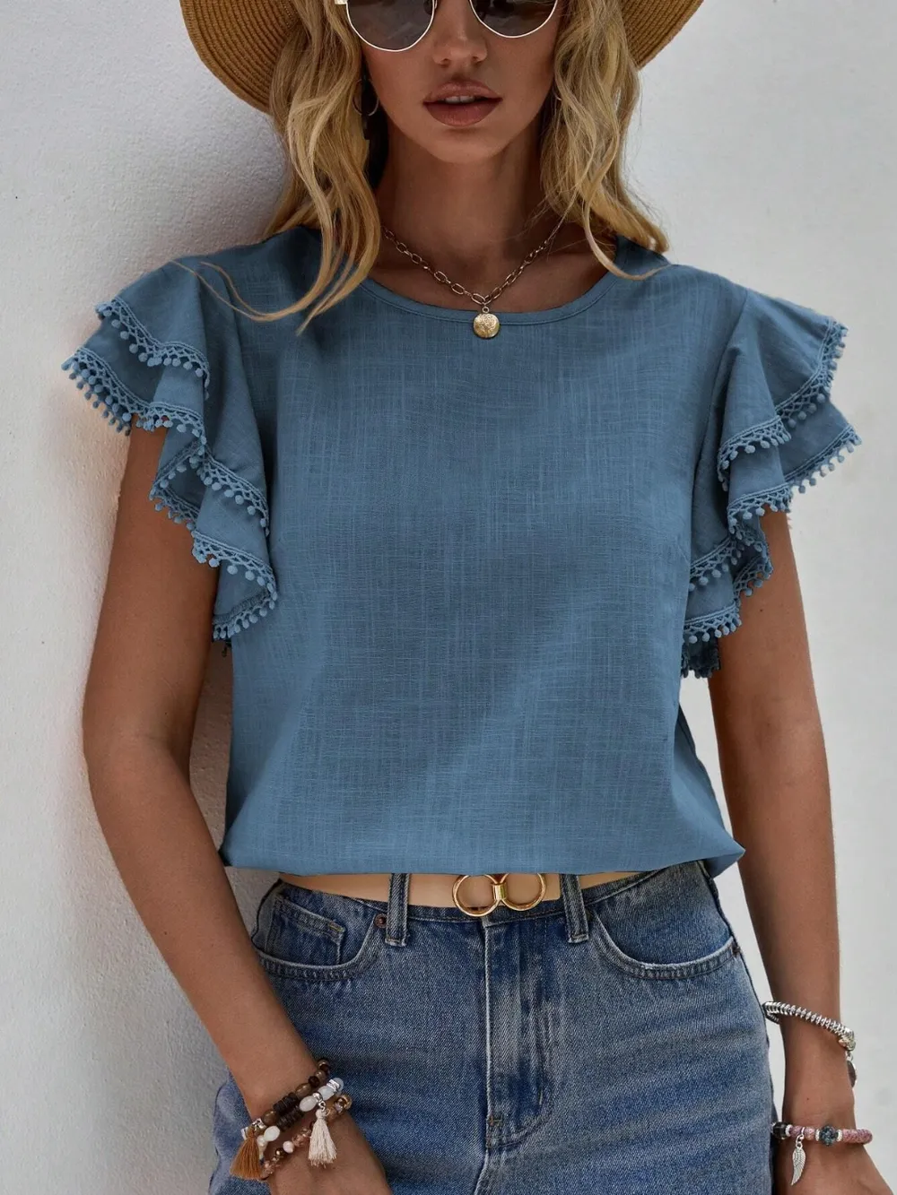Ruffled Cap Sleeve Round Neck Blouse, image 8