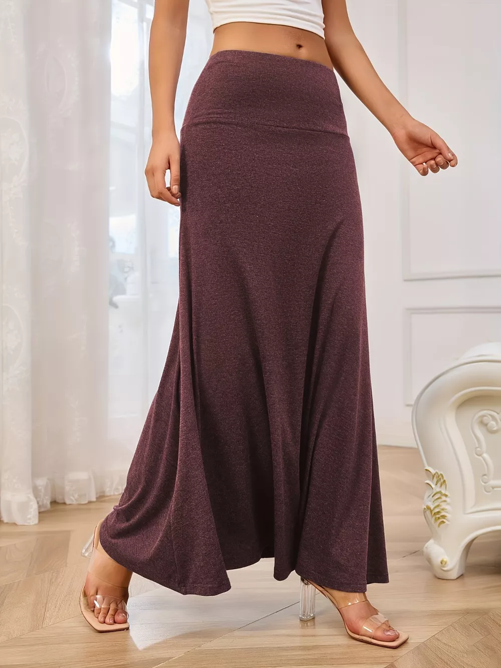 Solid Elastic Waist Maxi Skirt, image 23