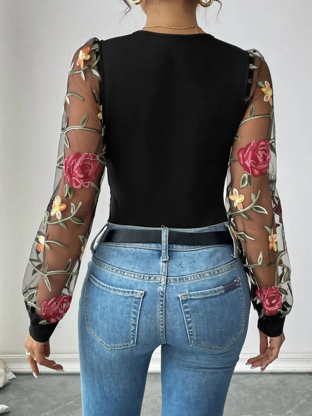 Embroidered V-Neck Long Sleeve Bodysuit, image 6