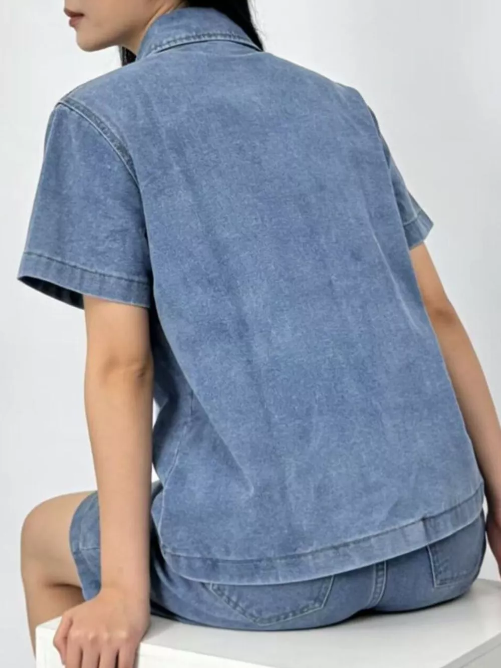 Button Up Short Sleeve Top and Shorts Denim Set, image 7