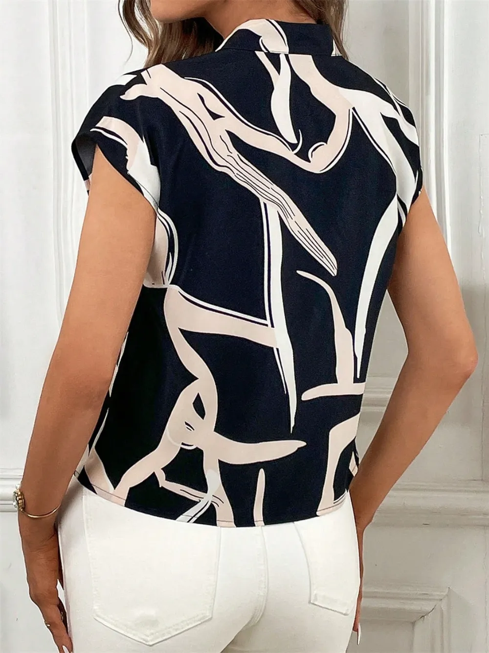 Printed Tie Neck Cap Sleeve Blouse, image 4