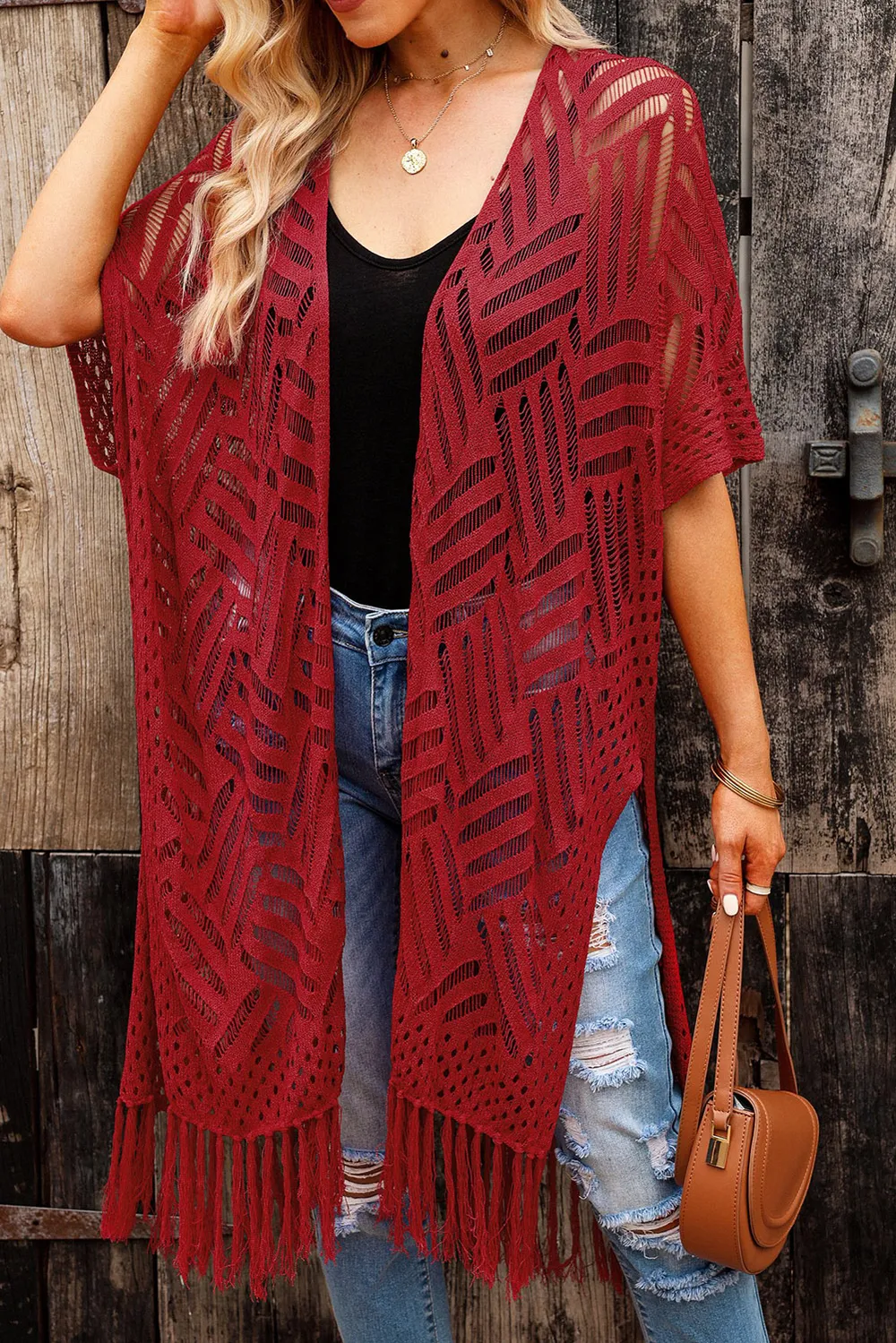 Openwork Open Front Cardigan with Fringes, image 31