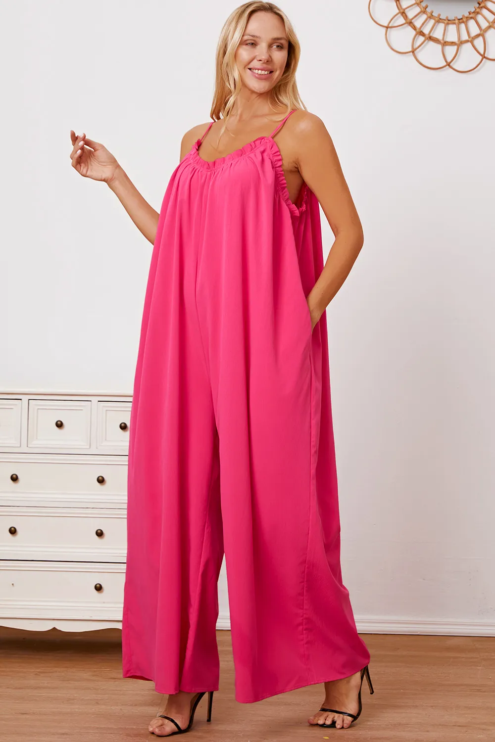Full Size Ruffle Trim Tie Back Cami Jumpsuit with Pockets, image 20