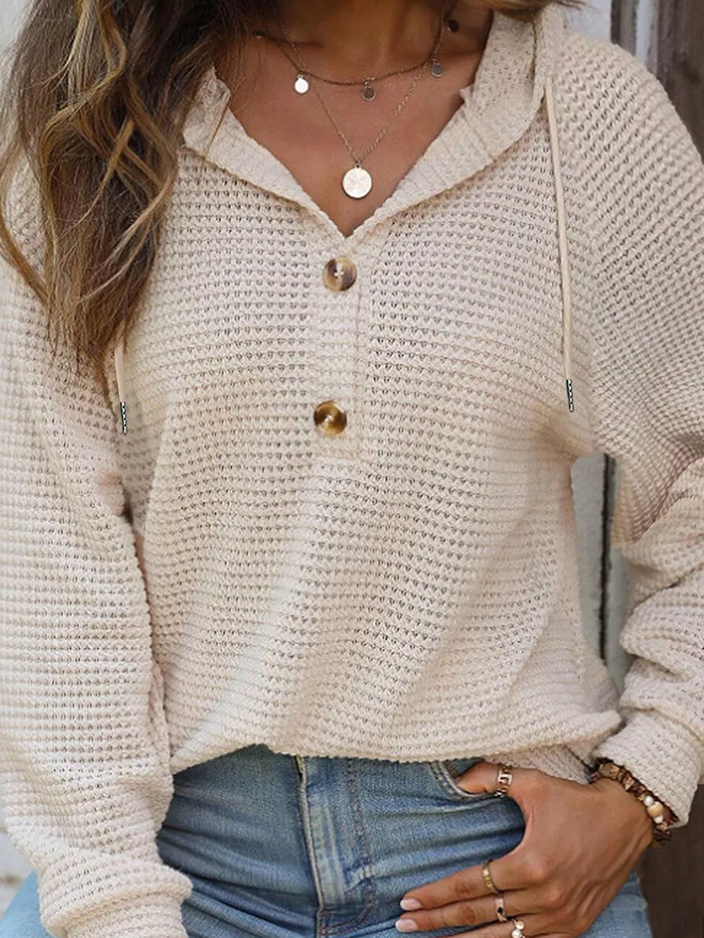Waffle Knit Hooded Top with Drawstring, image 3