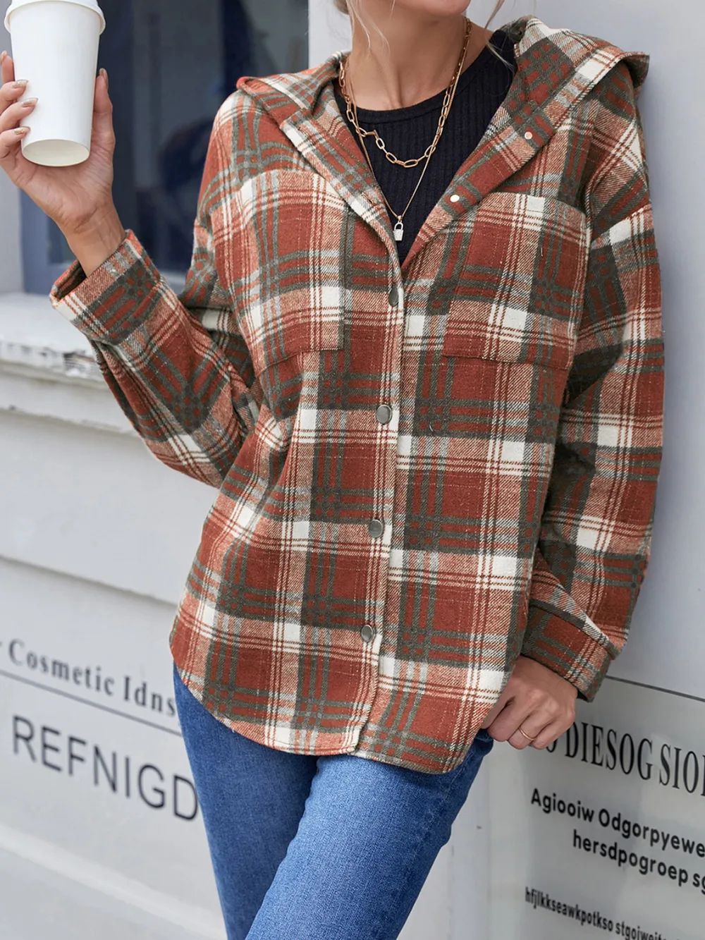 Plaid Button Up Long Sleeve Hooded Jacket, image 7