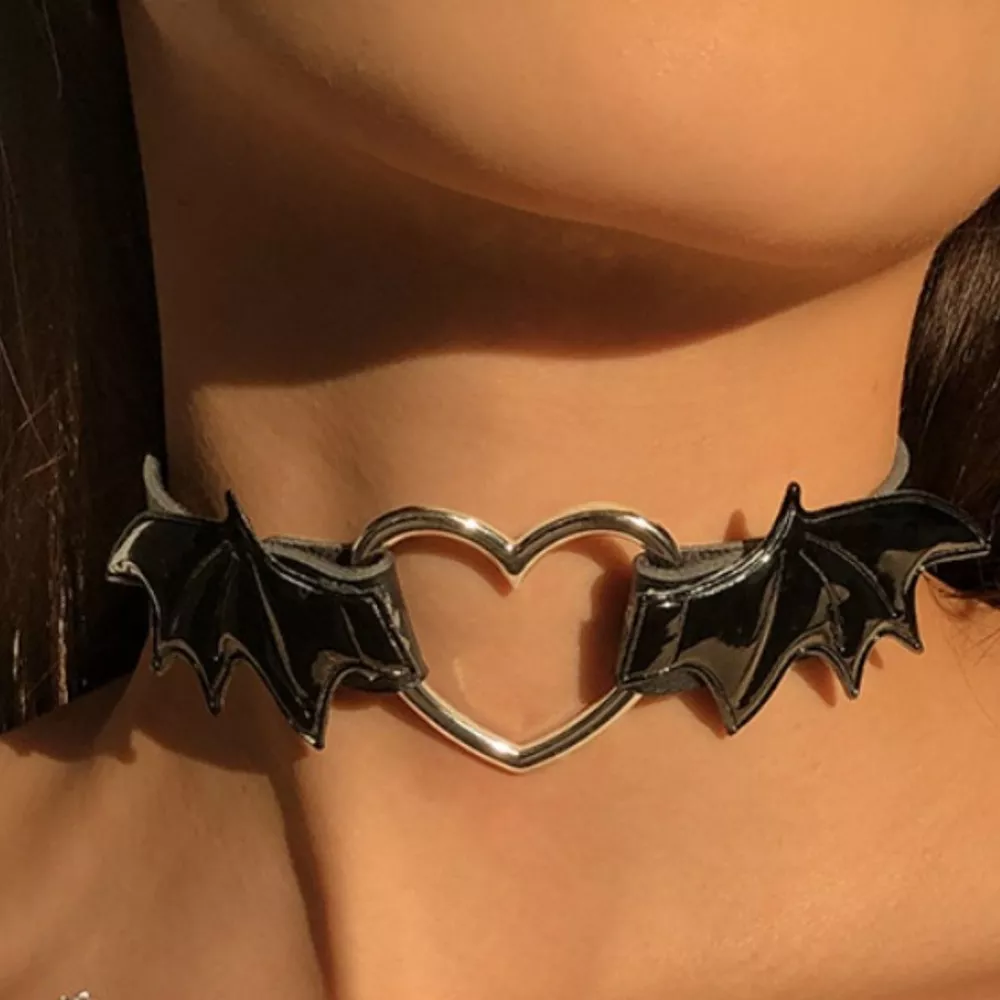Gothic Bat Wing Heart Choker Necklace, image 2