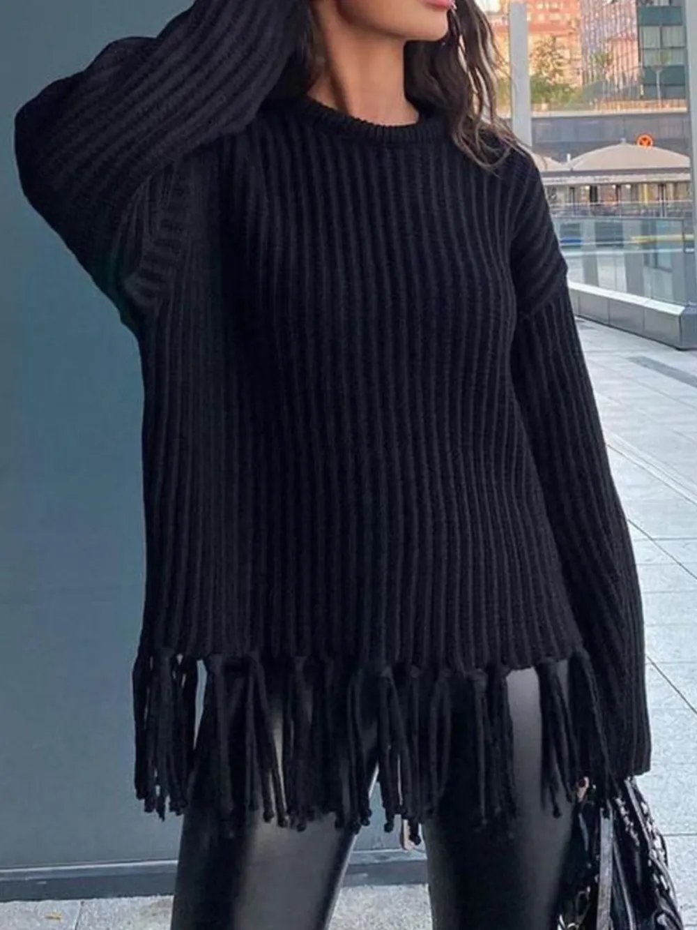 Fringe Round Neck Long Sleeve Sweater, image 4