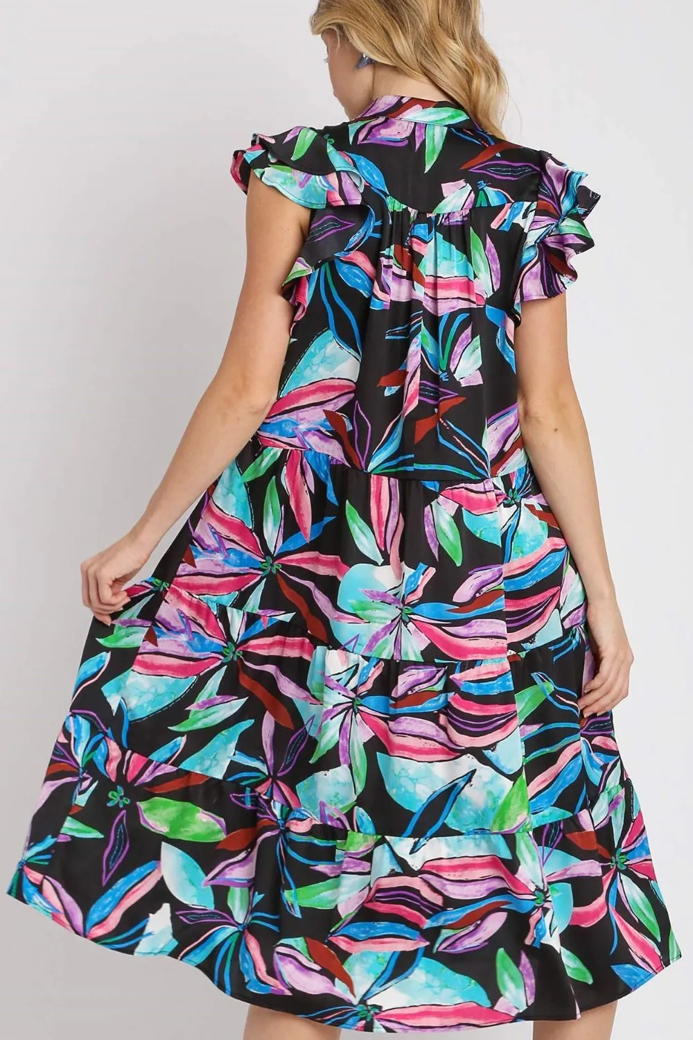 Full Size Leaf Print Double Layered Ruffle Sleeve Tiered Midi Dress Plus Size, image 7