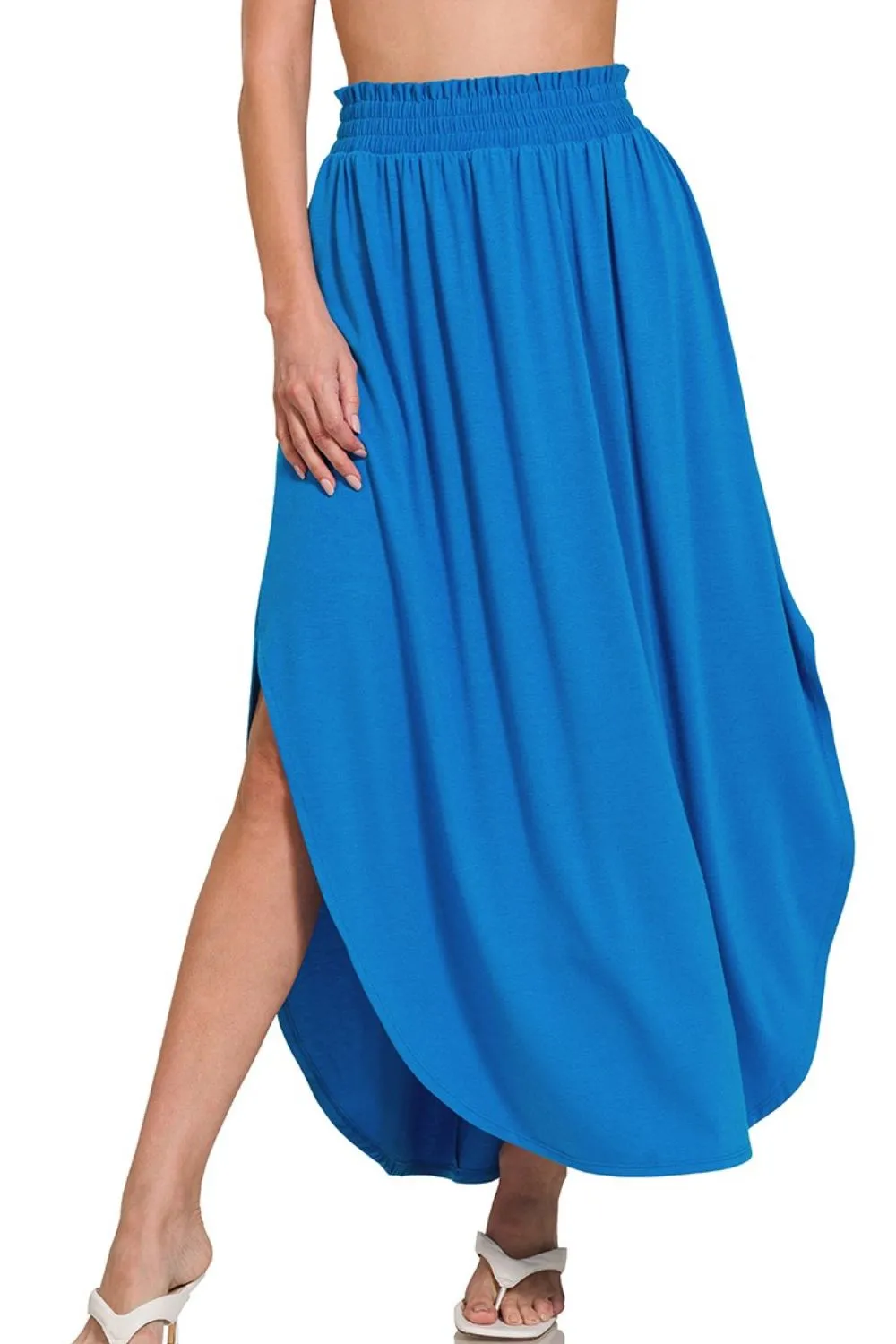 Smocked Waist Side Slit Maxi Skirt With Pockets