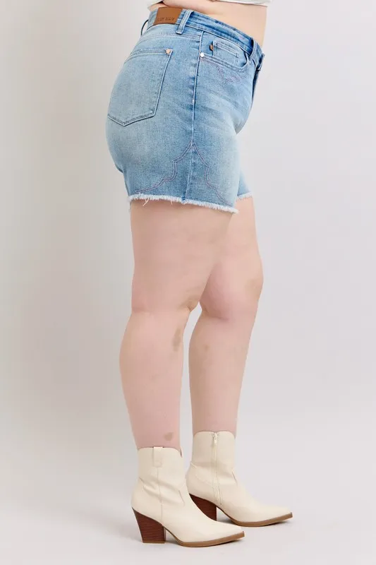 Full Size High Waist Western Embroidery Detail Cut Off Denim Shorts Plus Size, image 10