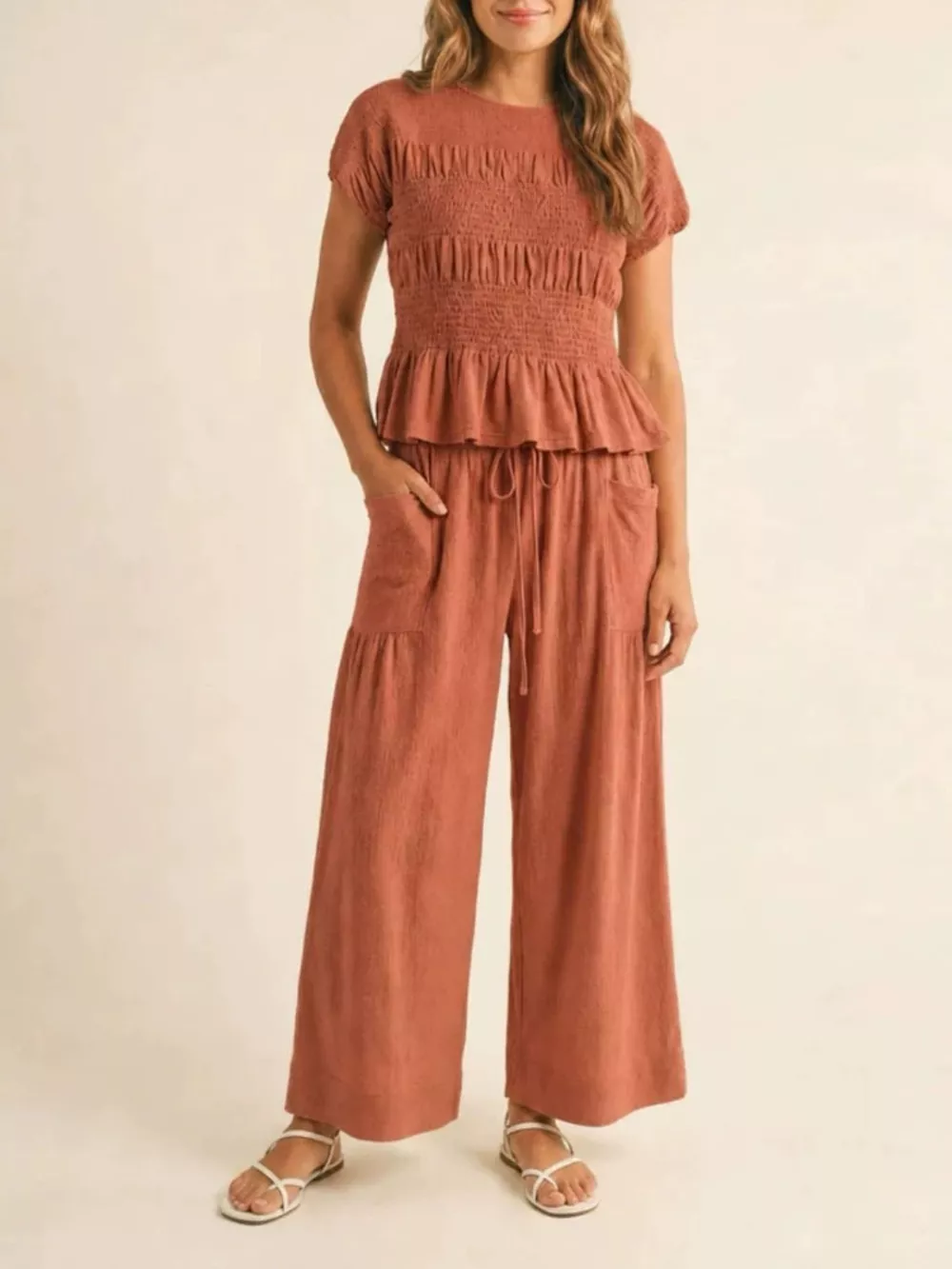 Smocked Peplum Top and Wide-Leg Pants Set, image 6