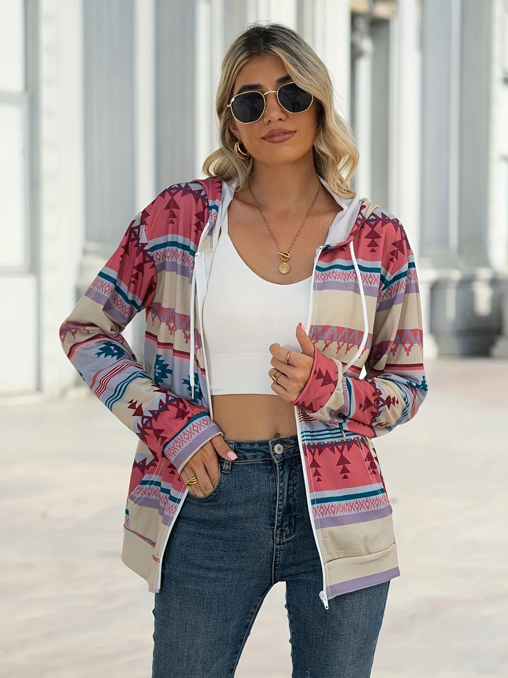 Geometric Zip Up Long Sleeve Hooded Jacket, image 20