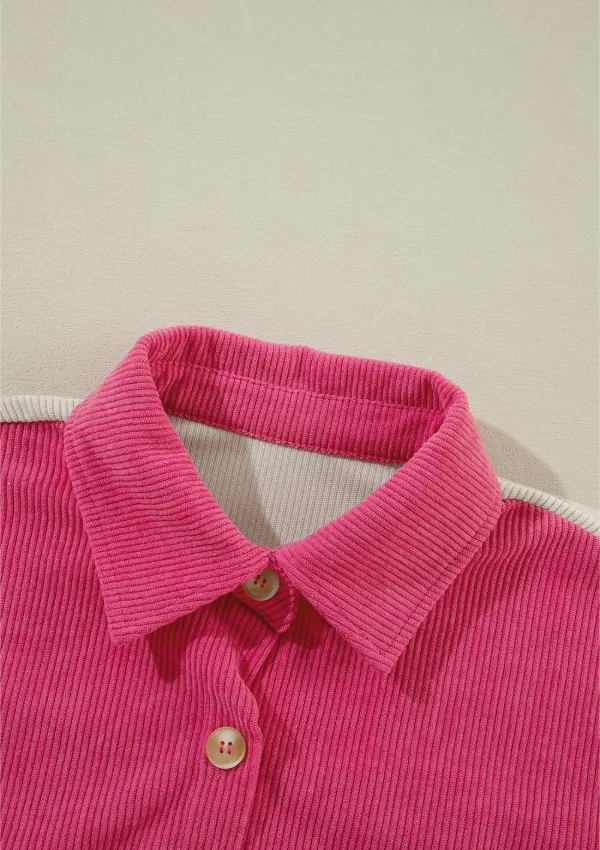 Color Block Curved Hem Corduroy Shacket with Pocket, image 5