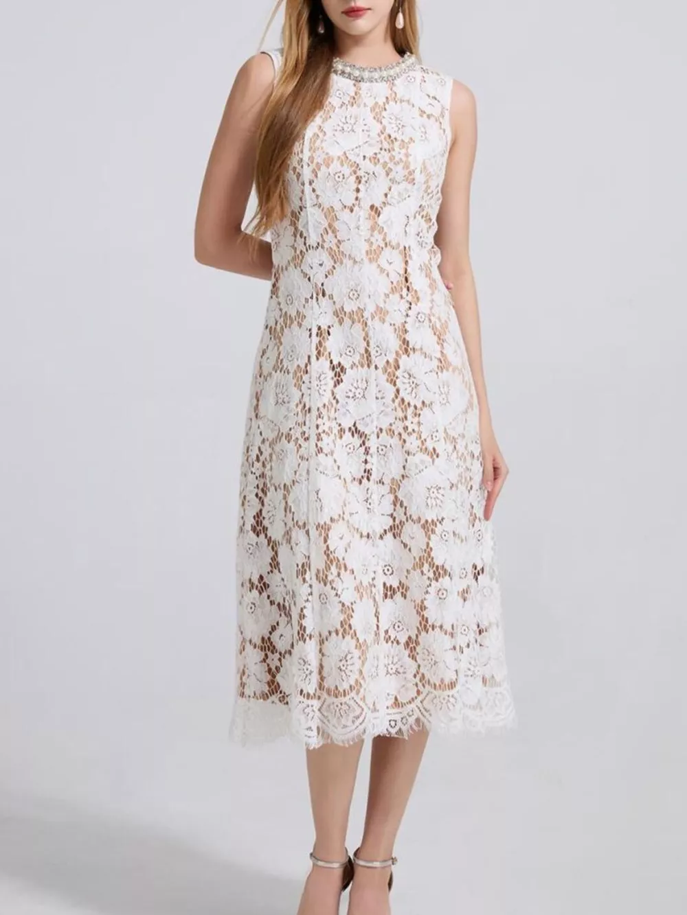 Pearl Neckline Sleeveless Lace Dress, image 4
