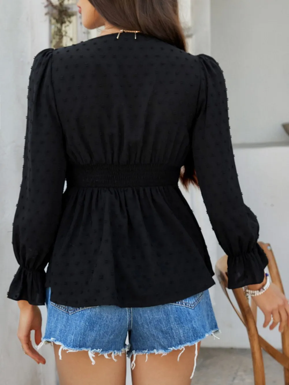 Swiss Dot Lace Detail Surplice Flounce Sleeve Blouse, image 26